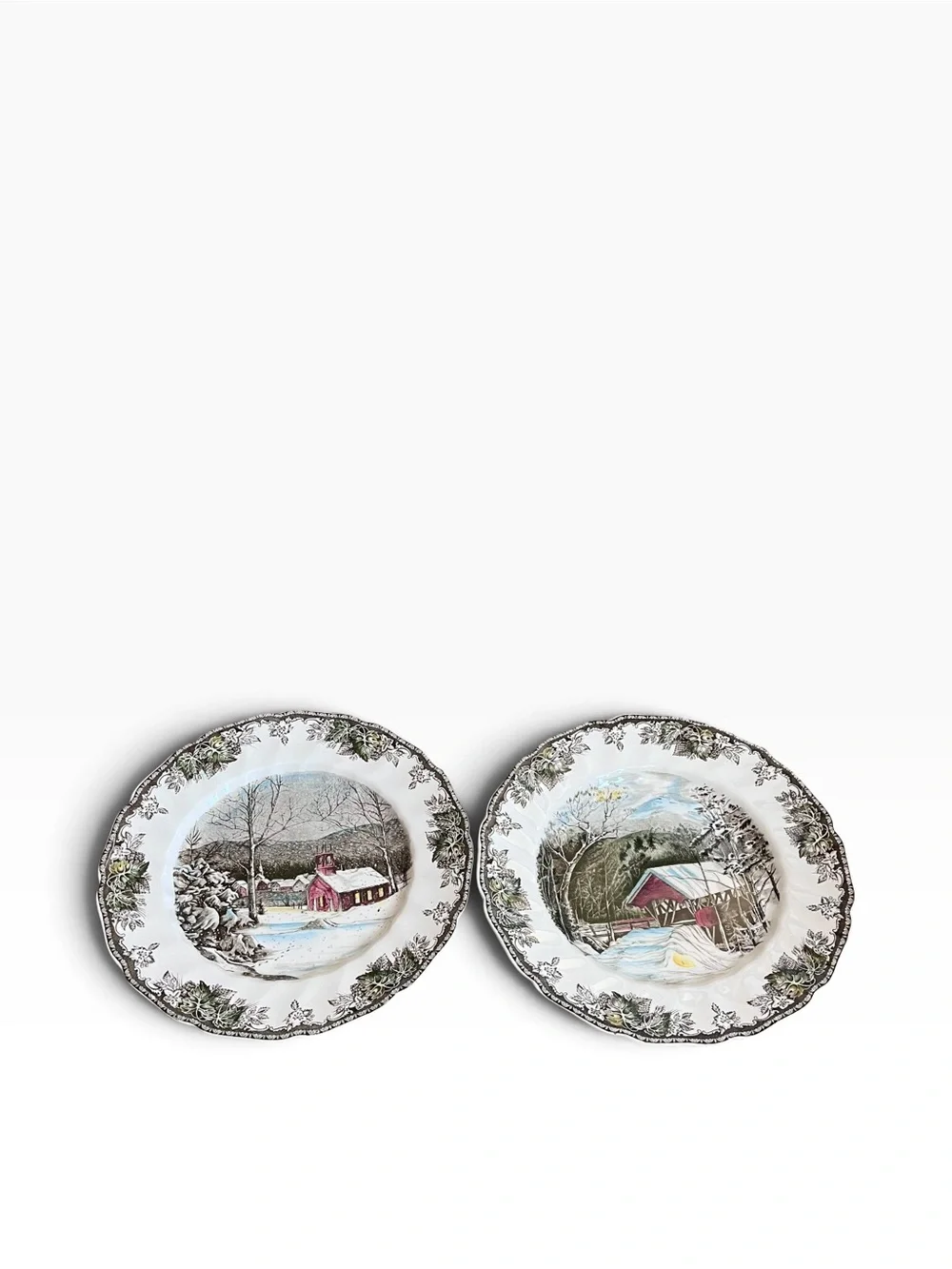 2 Johnson Bros Friendly Village Plates 10¾” The Covered Bridge & School House